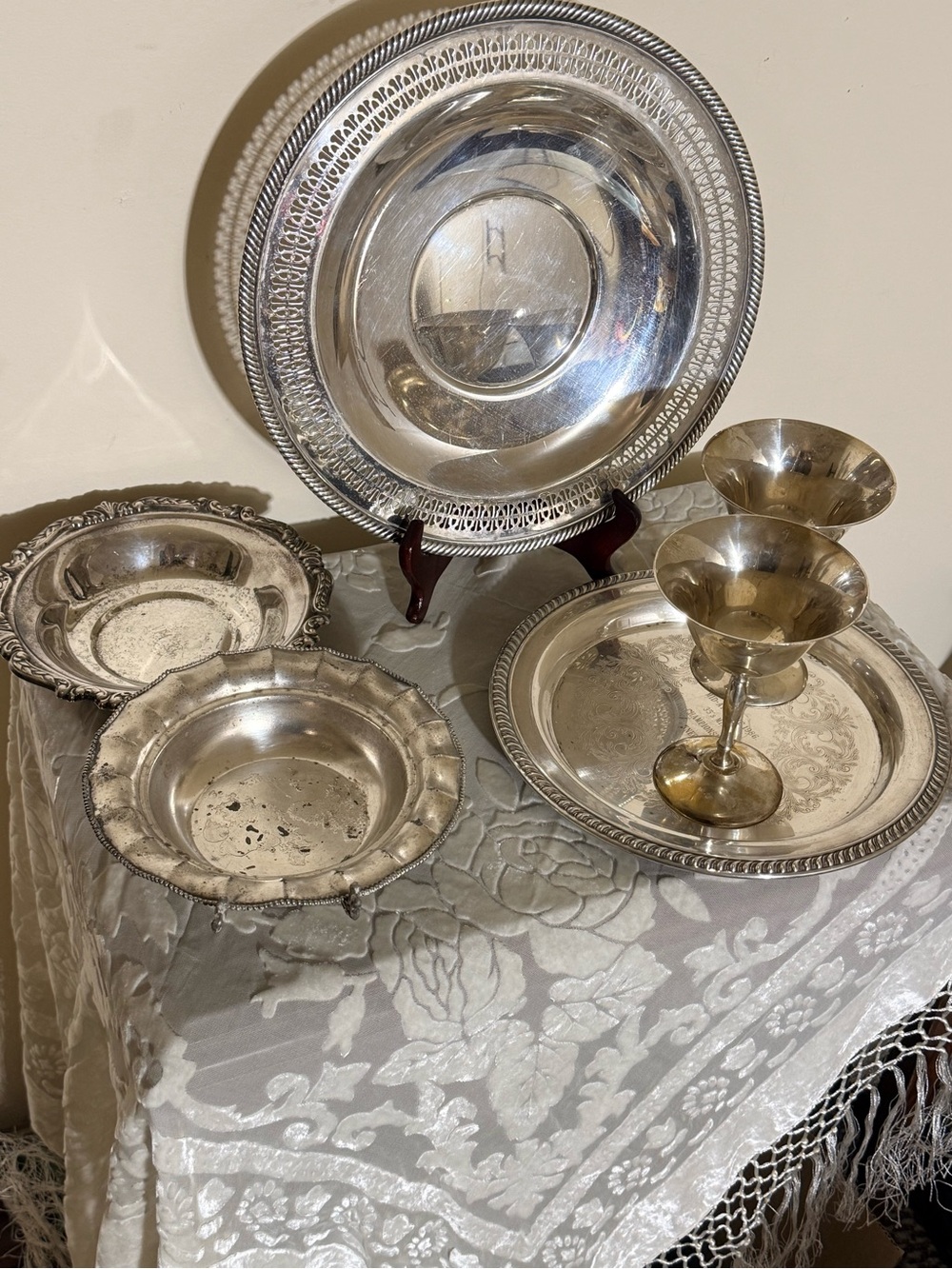 6 PC Vintage Silver-Plated Serving Bowls, Trays and  Goblet Set